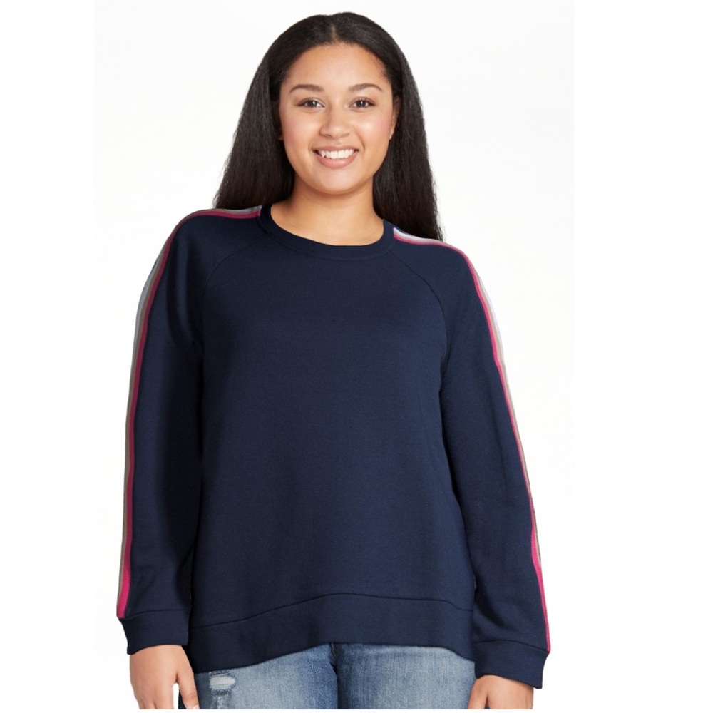 •TIME&TRU•NAVY COLORFUL SLEEVE STRIPED INSERT CREWNECK SWEATER PULLOVER SIZE XL